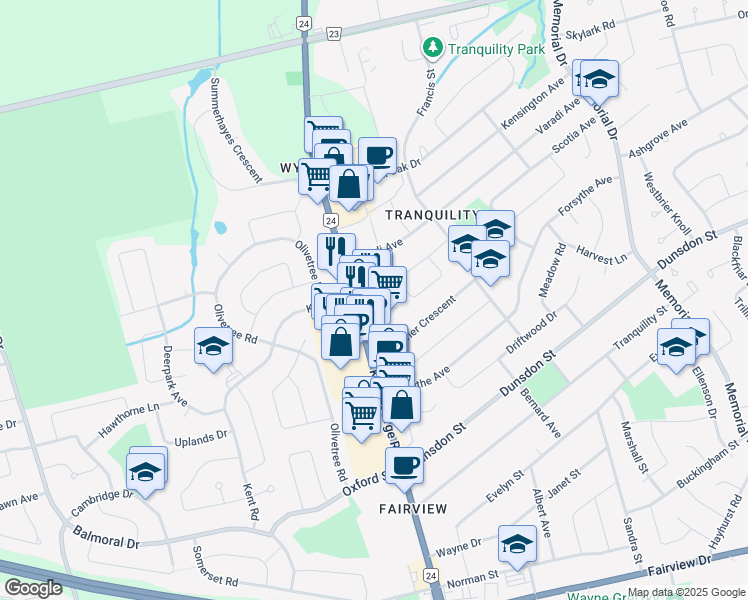 map of restaurants, bars, coffee shops, grocery stores, and more near 240 King George Road in Brantford