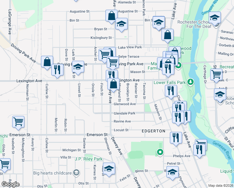 map of restaurants, bars, coffee shops, grocery stores, and more near 109 Maryland Street in Rochester