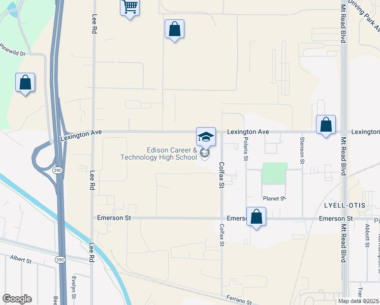 map of restaurants, bars, coffee shops, grocery stores, and more near 655 Colfax Street in Rochester