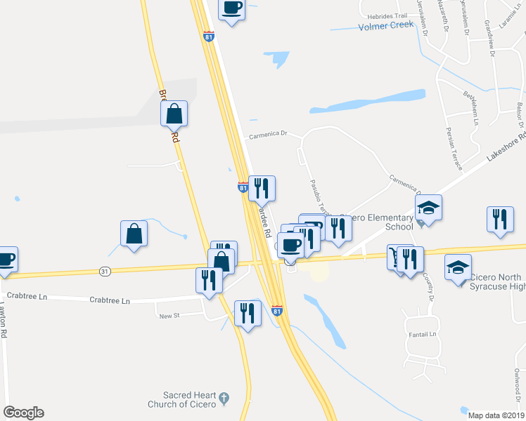 map of restaurants, bars, coffee shops, grocery stores, and more near 5360 Pardee Road in Cicero