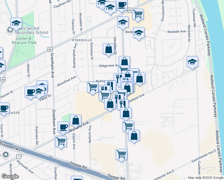 map of restaurants, bars, coffee shops, grocery stores, and more near 525 Welland Avenue in St. Catharines
