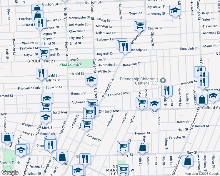 map of restaurants, bars, coffee shops, grocery stores, and more near 40 Fernwood Avenue in Rochester