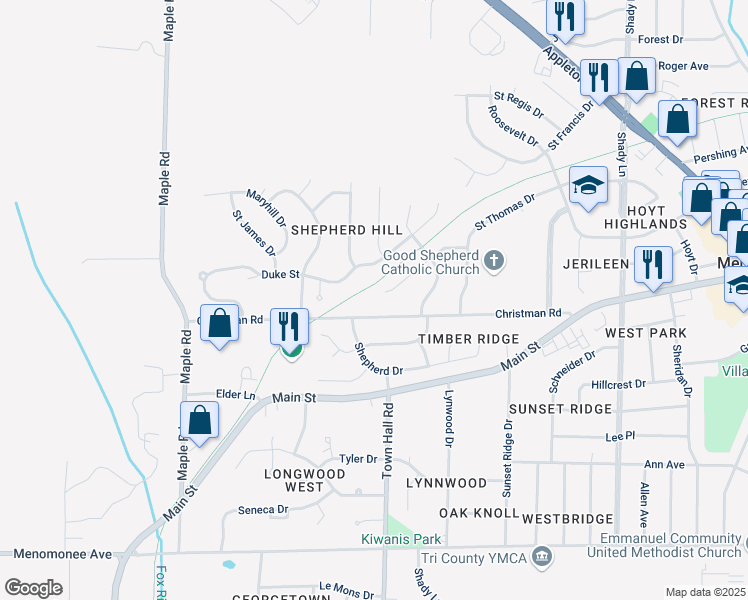 map of restaurants, bars, coffee shops, grocery stores, and more near N88W18057 Christman Road in Menomonee Falls