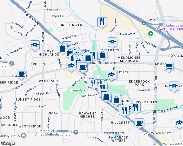 map of restaurants, bars, coffee shops, grocery stores, and more near W164N8835 Mill Street in Menomonee Falls