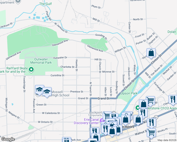 map of restaurants, bars, coffee shops, grocery stores, and more near 363 North Transit Street in Lockport