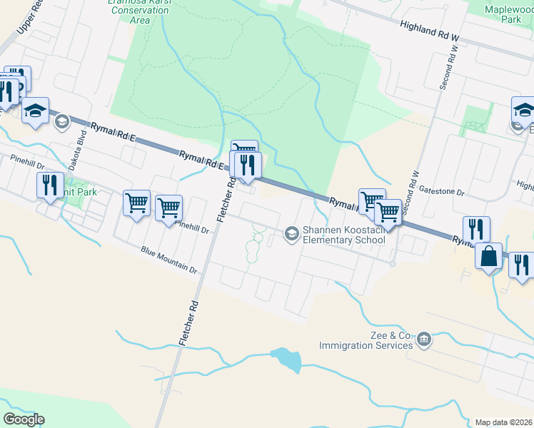 map of restaurants, bars, coffee shops, grocery stores, and more near 74 Boulder Crescent in Hamilton