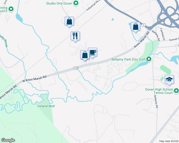 map of restaurants, bars, coffee shops, grocery stores, and more near 1036 Lilac Lane in Dover