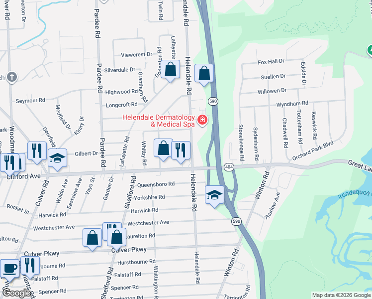 map of restaurants, bars, coffee shops, grocery stores, and more near 389 Helendale Road in Rochester