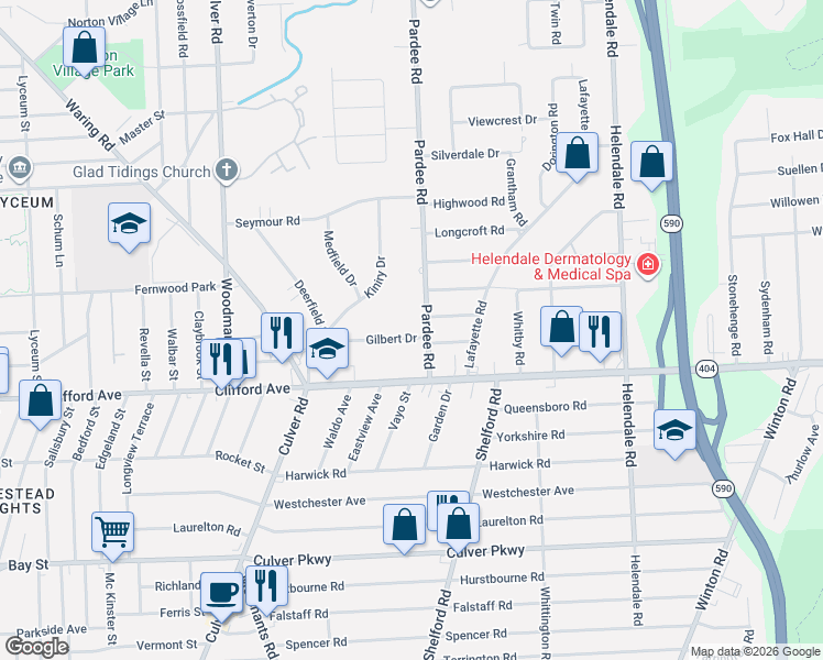 map of restaurants, bars, coffee shops, grocery stores, and more near 135 Gilbert Drive in Rochester
