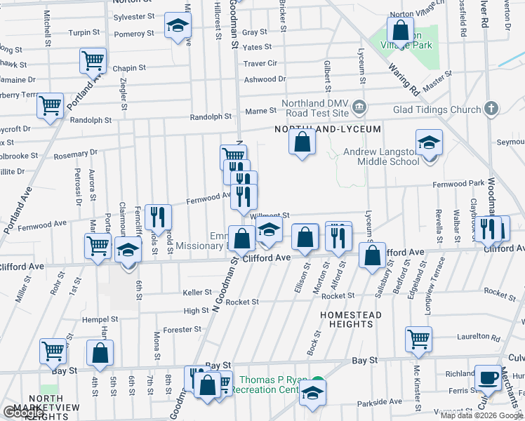 map of restaurants, bars, coffee shops, grocery stores, and more near 55 Willmont Street in Rochester