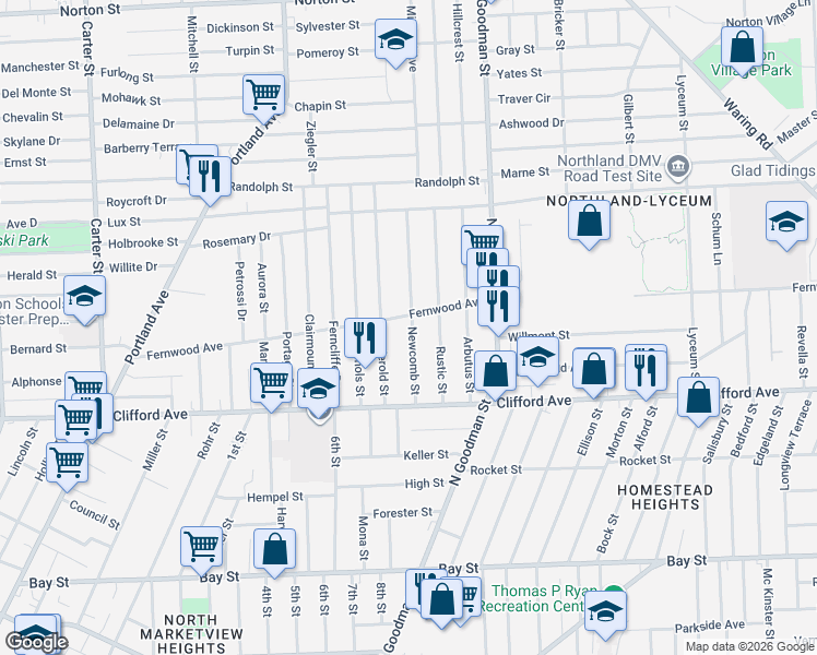 map of restaurants, bars, coffee shops, grocery stores, and more near 88 Newcomb Street in Rochester