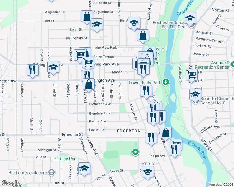 map of restaurants, bars, coffee shops, grocery stores, and more near 4 Rainier Street in Rochester