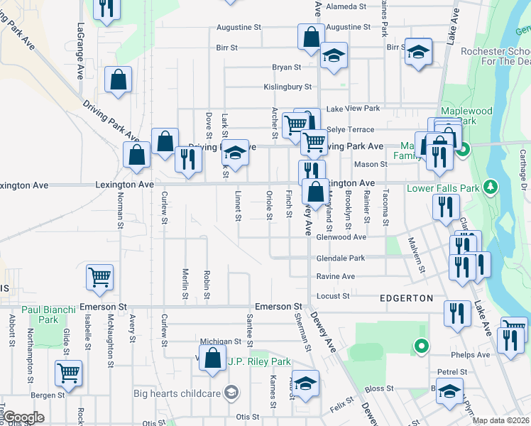 map of restaurants, bars, coffee shops, grocery stores, and more near 76 Oriole Street in Rochester