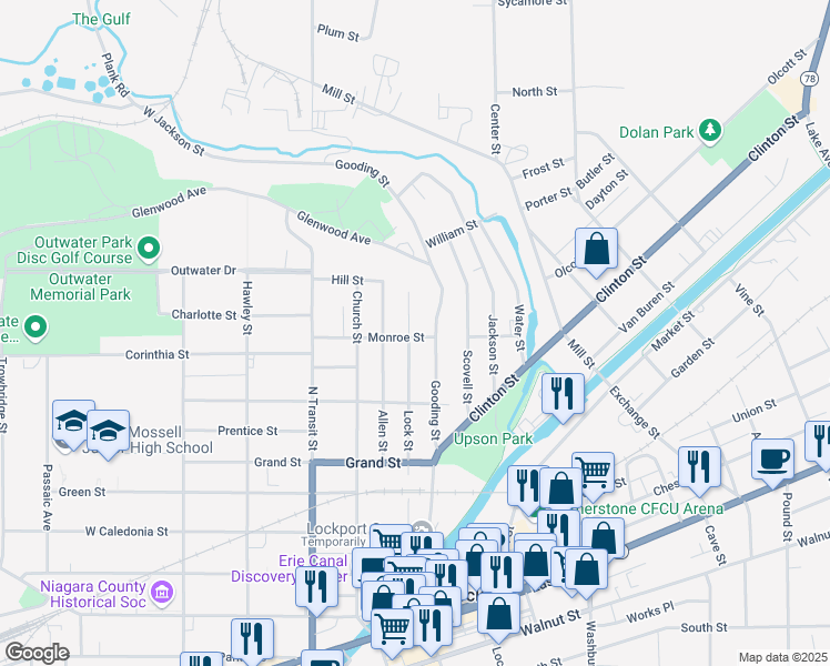 map of restaurants, bars, coffee shops, grocery stores, and more near 225 Lock Street in Lockport