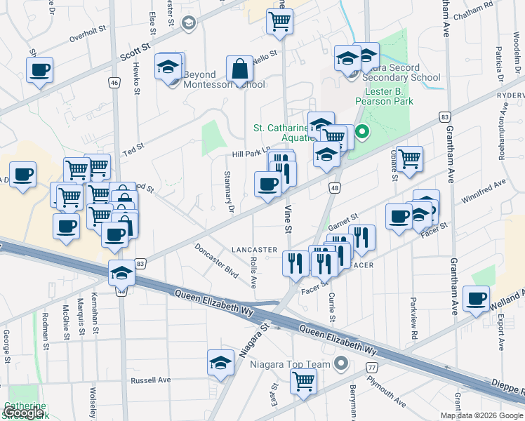map of restaurants, bars, coffee shops, grocery stores, and more near 342 Carlton Street in St. Catharines