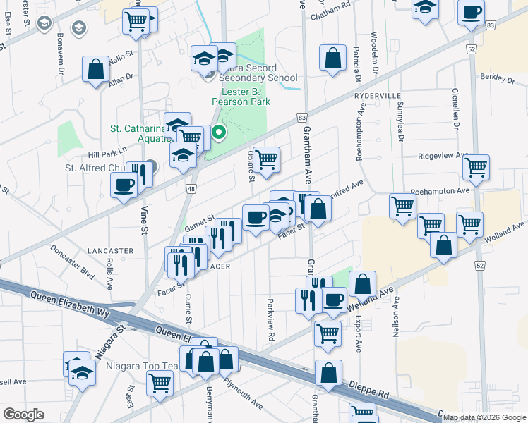 map of restaurants, bars, coffee shops, grocery stores, and more near 28 Brighton Avenue in St. Catharines