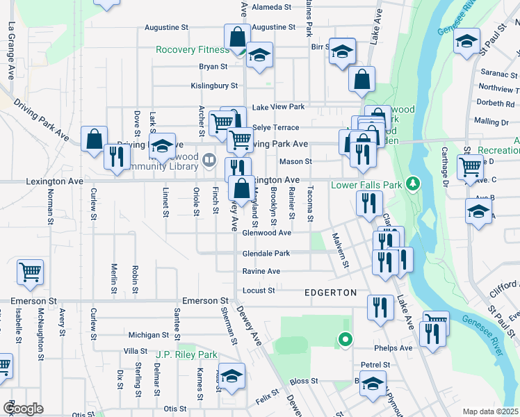 map of restaurants, bars, coffee shops, grocery stores, and more near 132 Maryland Street in Rochester