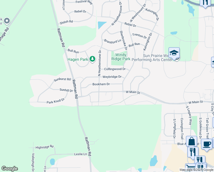 map of restaurants, bars, coffee shops, grocery stores, and more near 3176 West Main Street in Sun Prairie