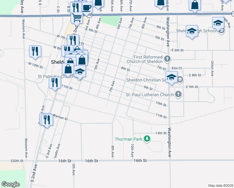 map of restaurants, bars, coffee shops, grocery stores, and more near 1100 8th Avenue in Sheldon