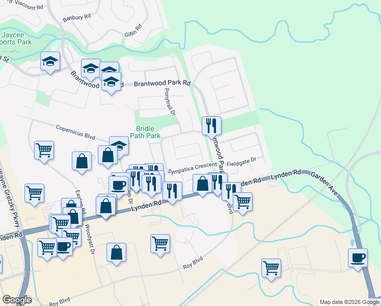 map of restaurants, bars, coffee shops, grocery stores, and more near 26 Sympatica Crescent in Brantford
