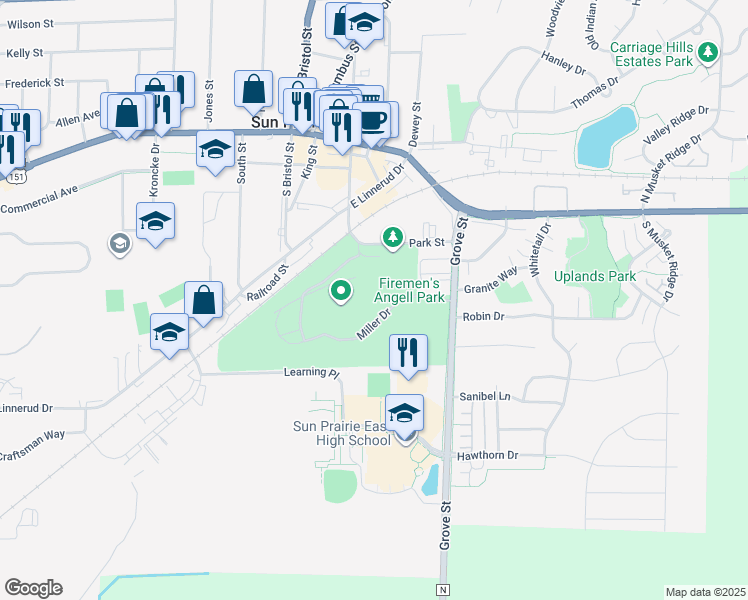 map of restaurants, bars, coffee shops, grocery stores, and more near 100 Park Cir in Sun Prairie