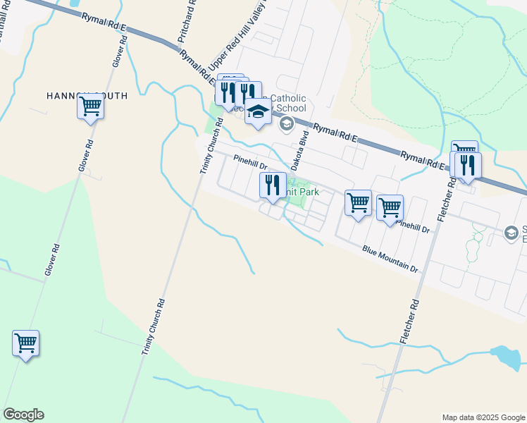 map of restaurants, bars, coffee shops, grocery stores, and more near 34 Cornflower Crescent in Hamilton
