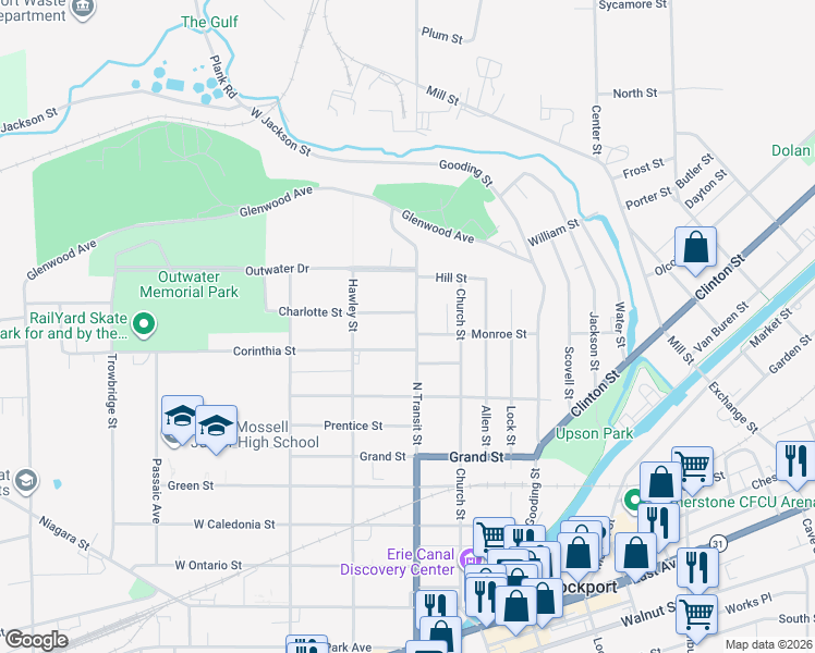 map of restaurants, bars, coffee shops, grocery stores, and more near 371 North Transit Street in Lockport