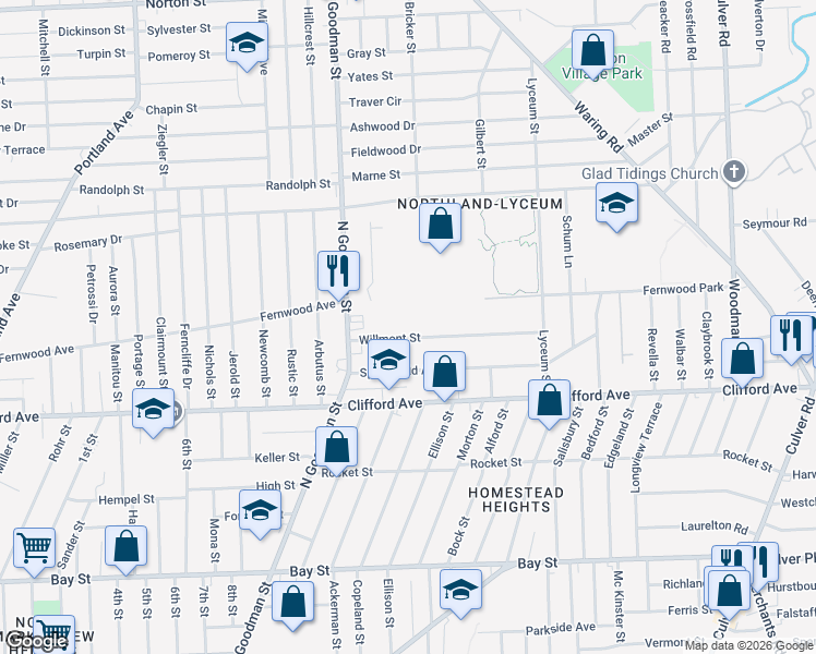map of restaurants, bars, coffee shops, grocery stores, and more near 55 Willmont Street in Rochester