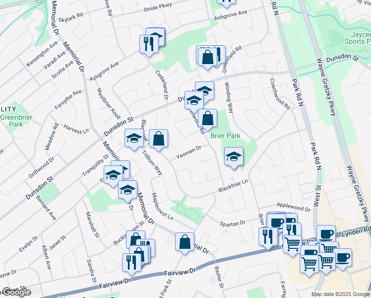 map of restaurants, bars, coffee shops, grocery stores, and more near 20 Yeoman Drive in Brantford
