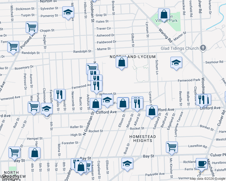map of restaurants, bars, coffee shops, grocery stores, and more near 55 Willmont Street in Rochester