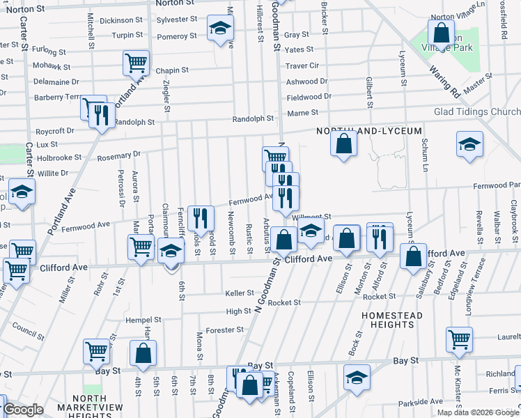 map of restaurants, bars, coffee shops, grocery stores, and more near 75 Arbutus Street in Rochester
