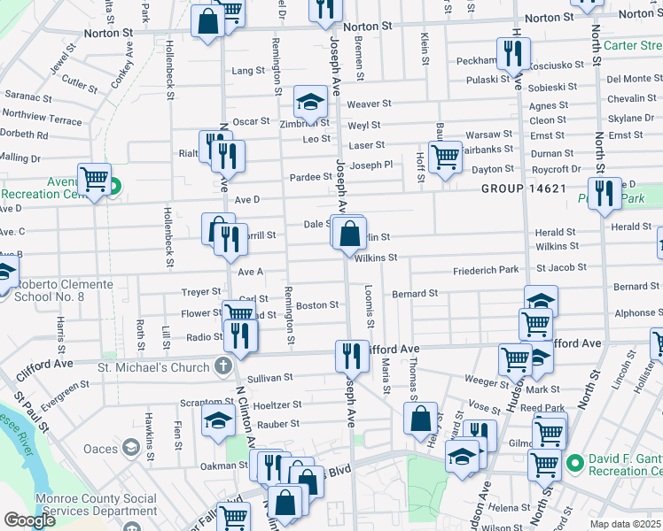 map of restaurants, bars, coffee shops, grocery stores, and more near 2 Langham Street in Rochester