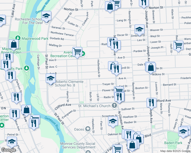 map of restaurants, bars, coffee shops, grocery stores, and more near 255 Avenue A in Rochester