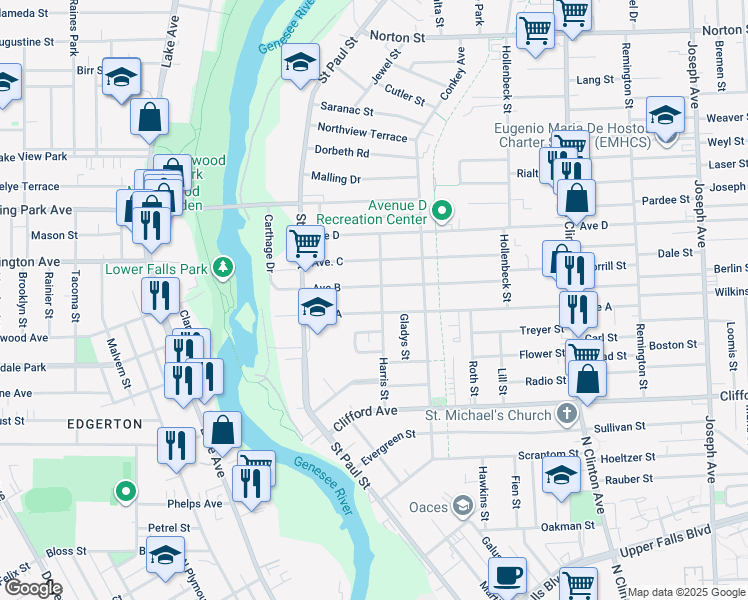map of restaurants, bars, coffee shops, grocery stores, and more near 101 Avenue A in Rochester