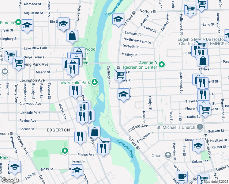 map of restaurants, bars, coffee shops, grocery stores, and more near in Rochester