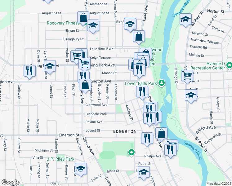 map of restaurants, bars, coffee shops, grocery stores, and more near 4 Rainier Street in Rochester