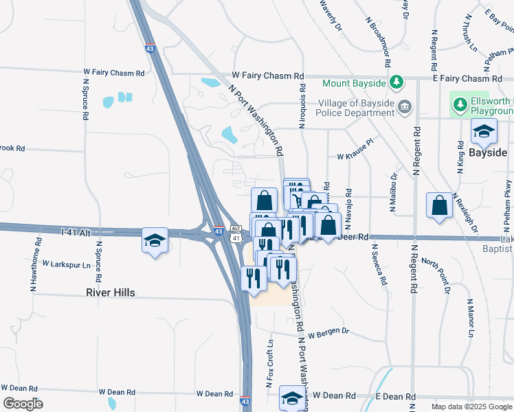 map of restaurants, bars, coffee shops, grocery stores, and more near 500 West Brown Deer Road in Bayside