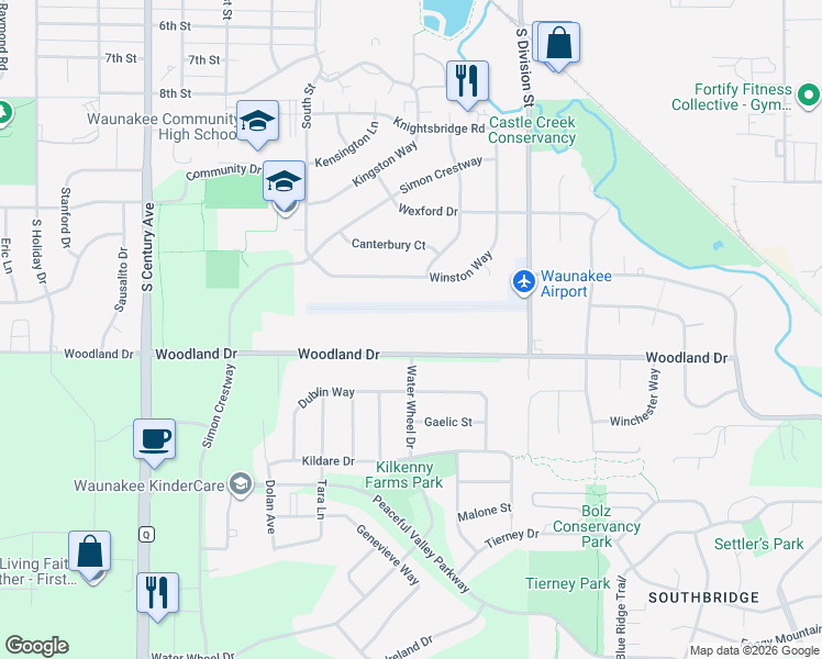 map of restaurants, bars, coffee shops, grocery stores, and more near 5940 Woodland Drive in Waunakee