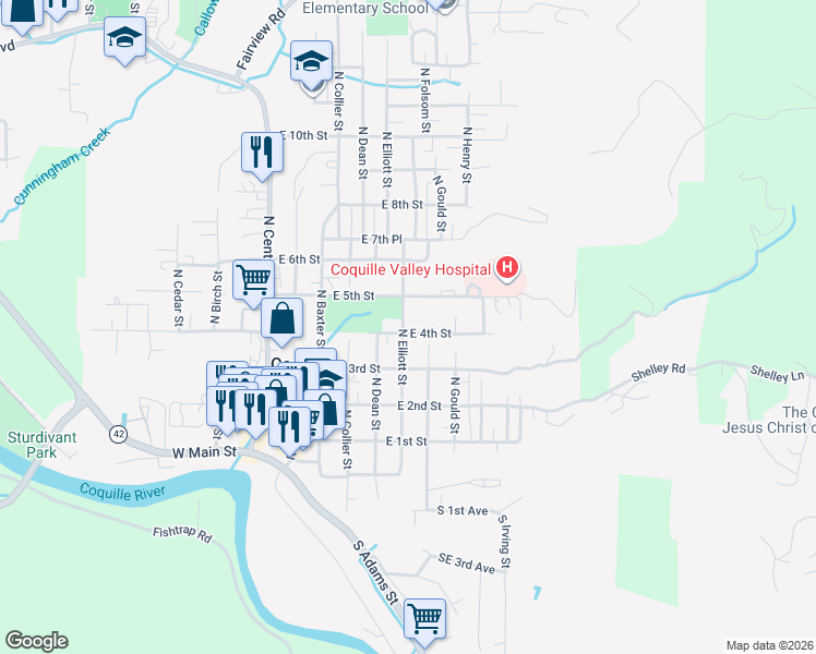 map of restaurants, bars, coffee shops, grocery stores, and more near 510 East 4th Street in Coquille