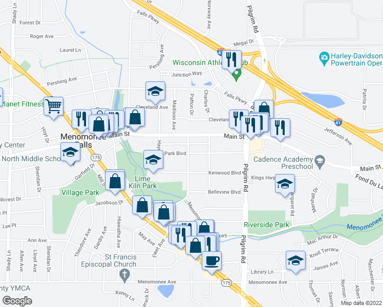 map of restaurants, bars, coffee shops, grocery stores, and more near Park Boulevard in Menomonee Falls
