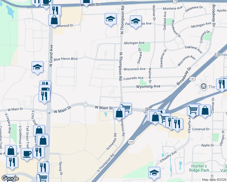 map of restaurants, bars, coffee shops, grocery stores, and more near Autumn Blaze Way in Sun Prairie