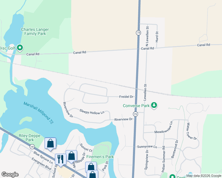 map of restaurants, bars, coffee shops, grocery stores, and more near 124 Freidel Drive in Marshall