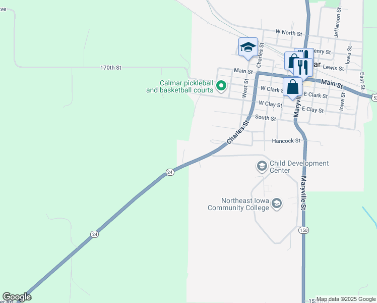 map of restaurants, bars, coffee shops, grocery stores, and more near 601-699 Charles Street in Calmar