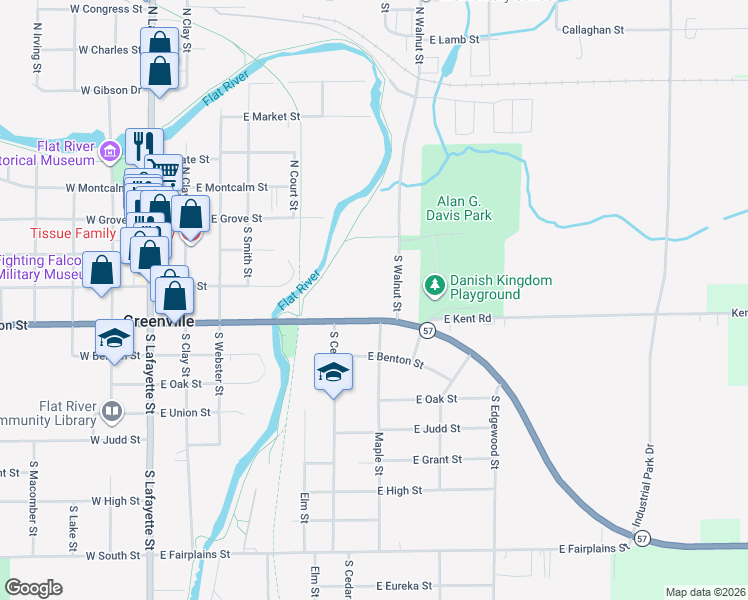 map of restaurants, bars, coffee shops, grocery stores, and more near 305 South Walnut Street in Greenville