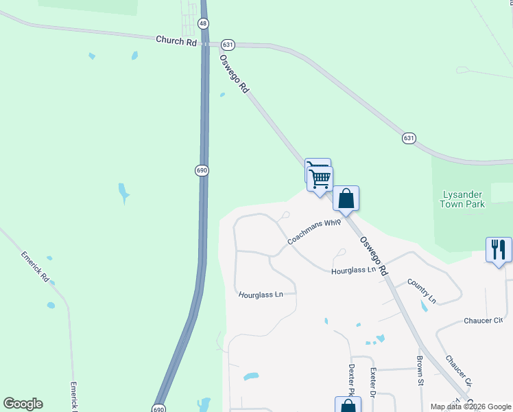 map of restaurants, bars, coffee shops, grocery stores, and more near 375 Hourglass Lane in Baldwinsville