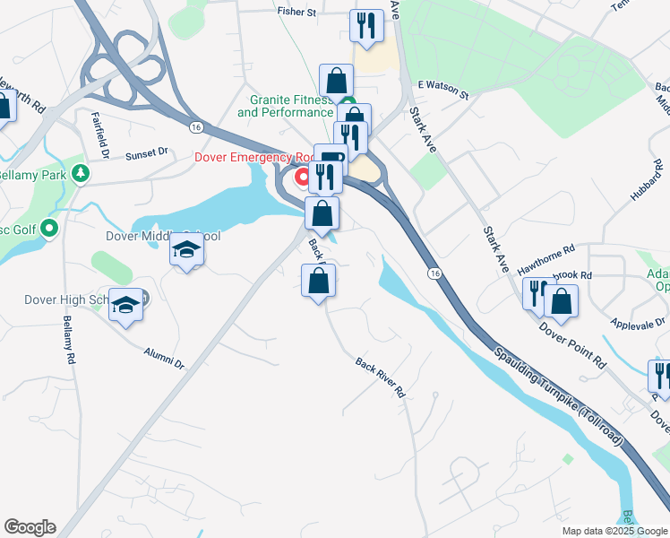 map of restaurants, bars, coffee shops, grocery stores, and more near 18 Back River Road in Dover