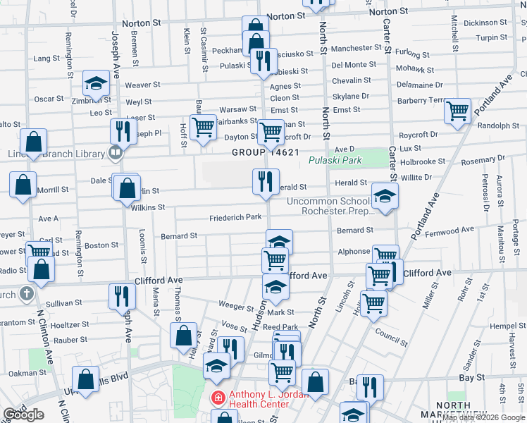 map of restaurants, bars, coffee shops, grocery stores, and more near 709 Hudson Avenue in Rochester