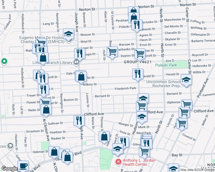 map of restaurants, bars, coffee shops, grocery stores, and more near 72 Bernard Street in Rochester