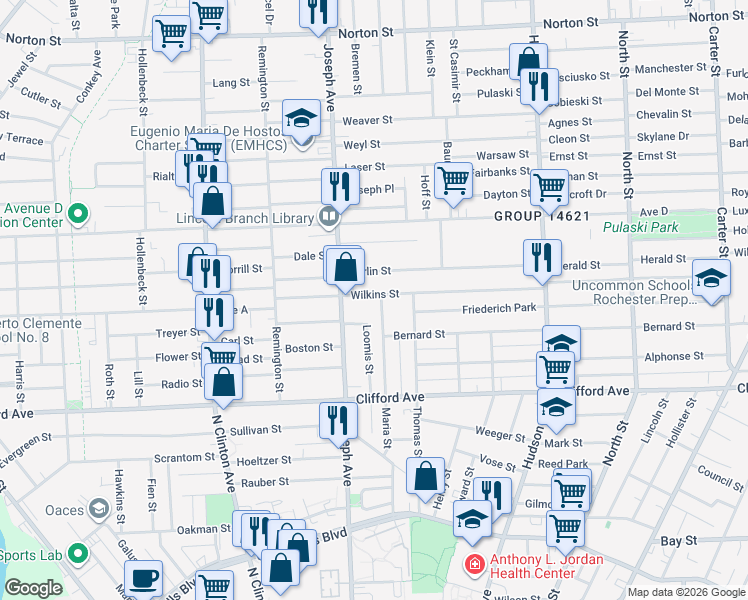 map of restaurants, bars, coffee shops, grocery stores, and more near 49 Loomis Street in Rochester