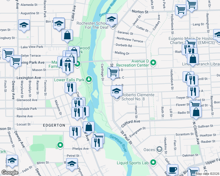 map of restaurants, bars, coffee shops, grocery stores, and more near in Rochester